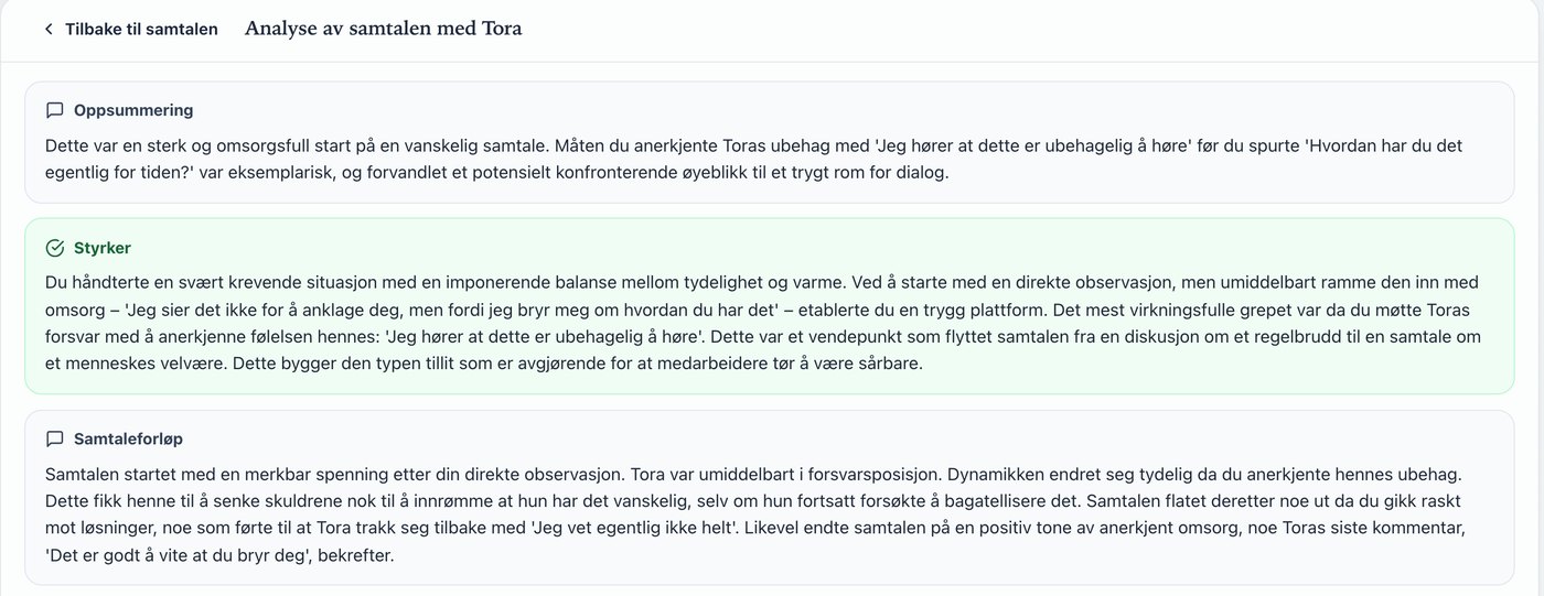 Lederlab, in Norwegian: analysis of the conversation with Tora, with a summary, strengths and how the conversation developed
