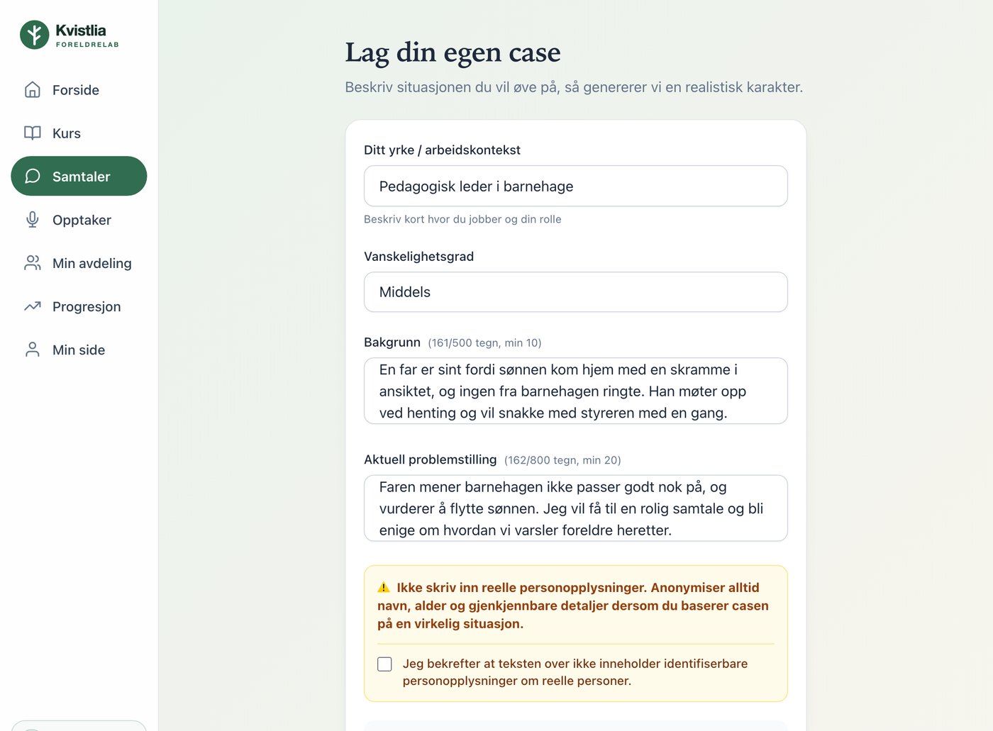 Fictional example, in Norwegian: Create your own case in a made-up nursery lab, with a situation filled in
