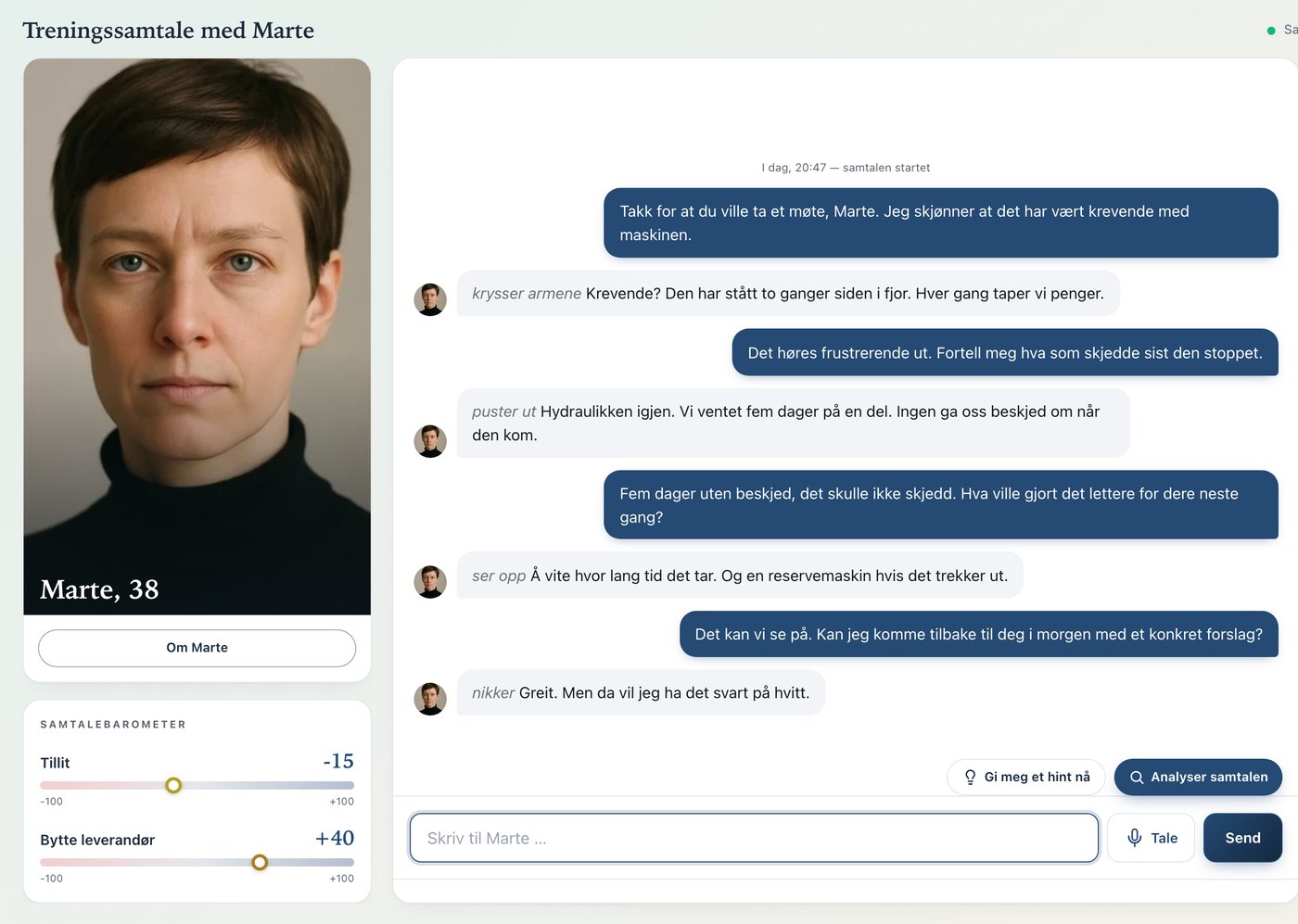 Fictional example, in Norwegian: a practice conversation with the customer Marte in a made-up customer lab