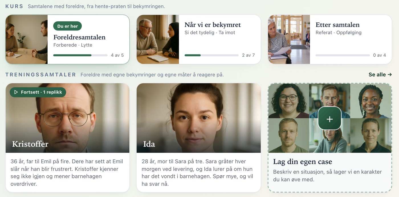 Fictional example, in Norwegian: the home page of a made-up nursery lab with courses and parents to practise with