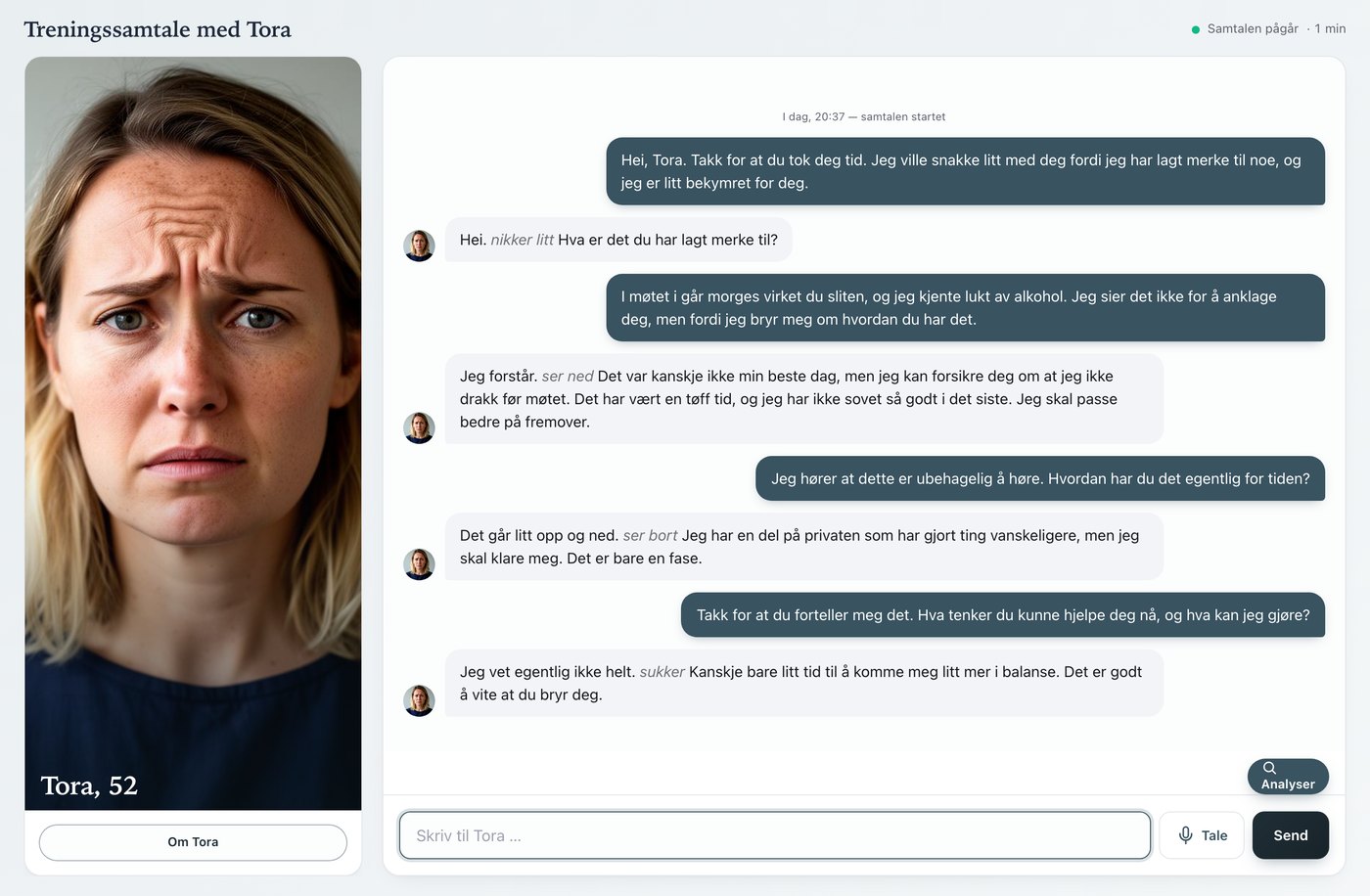 Lederlab, in Norwegian: a practice conversation with Tora about concern for an employee