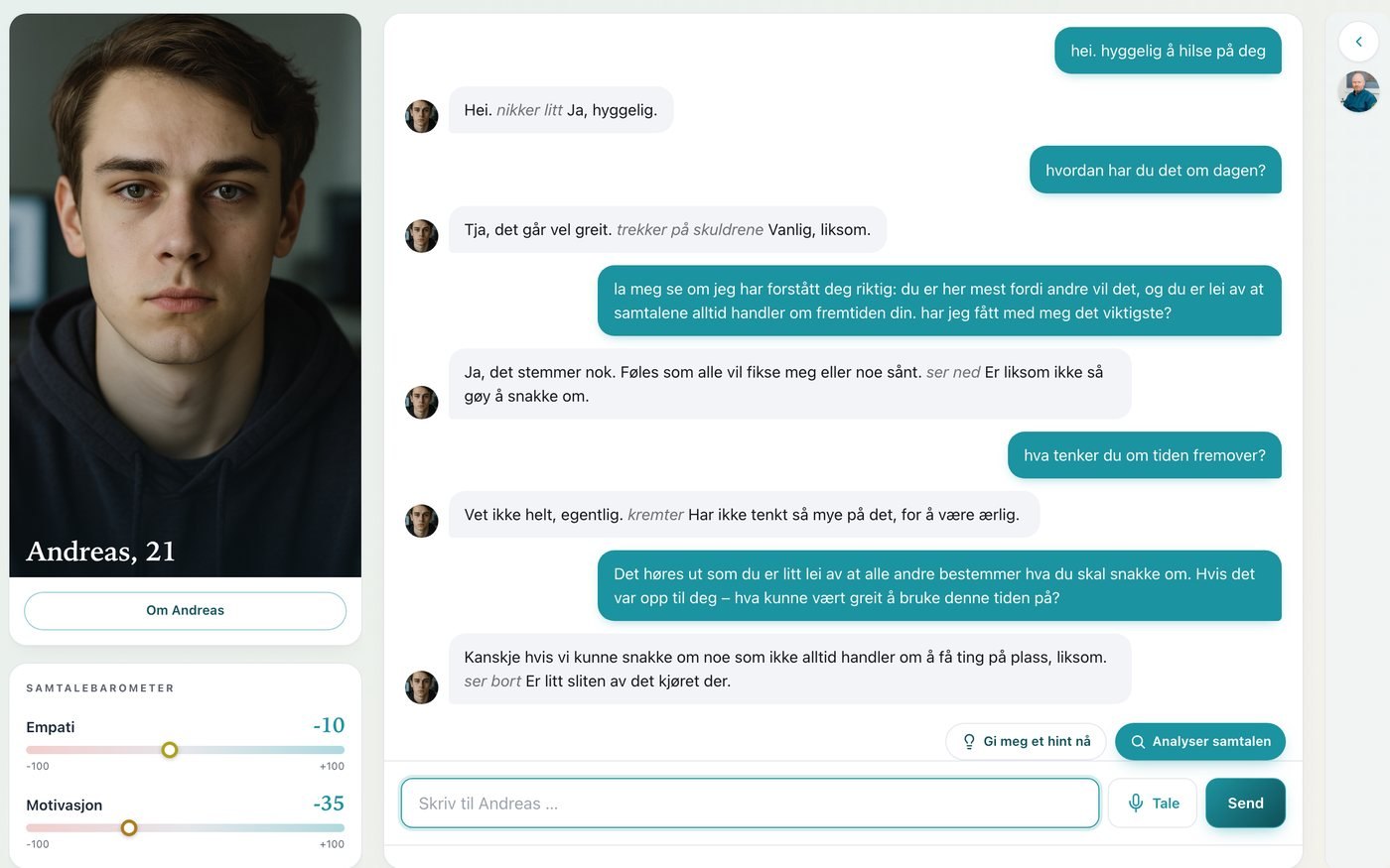 MI-lab, Norwegian version: a practice conversation with Andreas