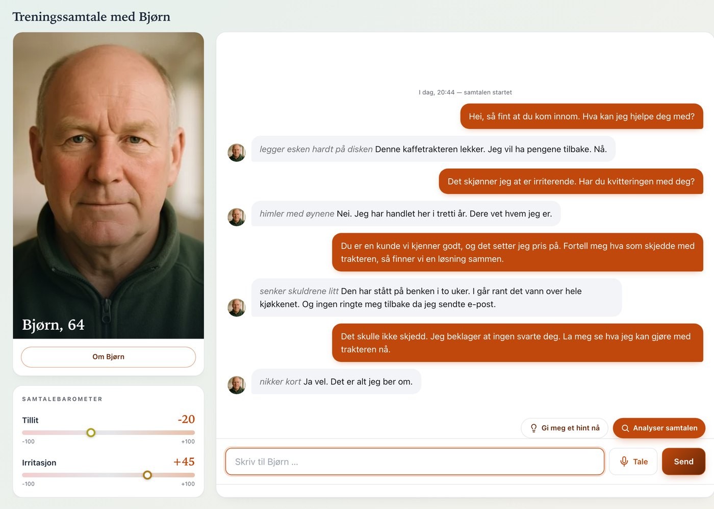 Fictional example, in Norwegian: a practice conversation with the customer Bjørn in a made-up shop chain’s lab