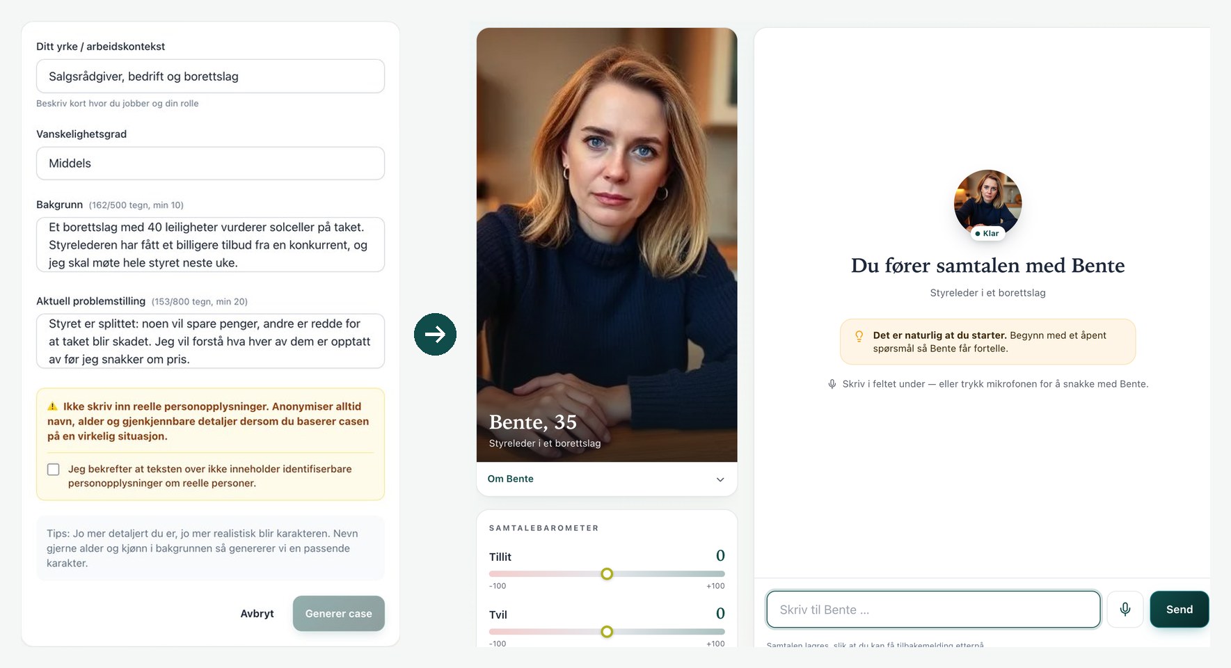 Fictional example, in Norwegian: the Create your own case form filled in with a housing cooperative board, and the customer Bente that the lab creates from it