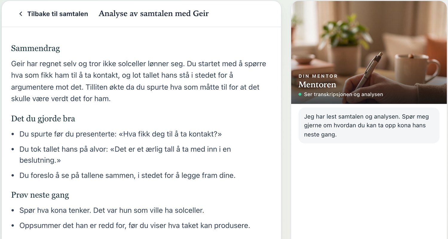 Fictional example, in Norwegian: analysis of the conversation with Geir: summary, what you did well and what to try next time