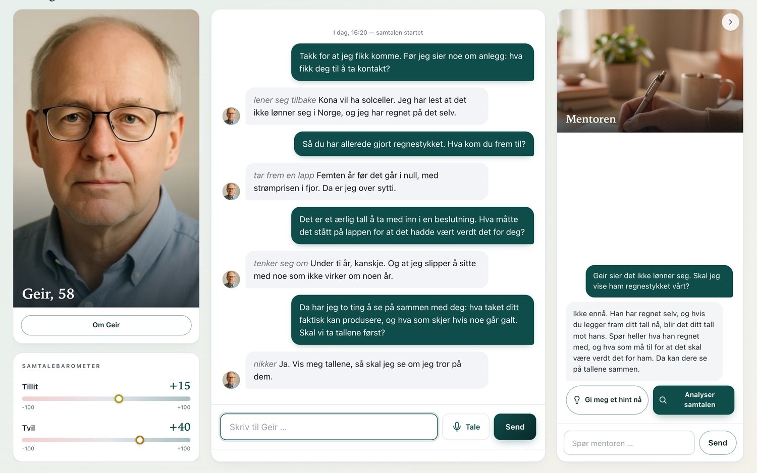 Fictional example, in Norwegian: a practice conversation with the customer Geir, with a conversation barometer for trust and doubt