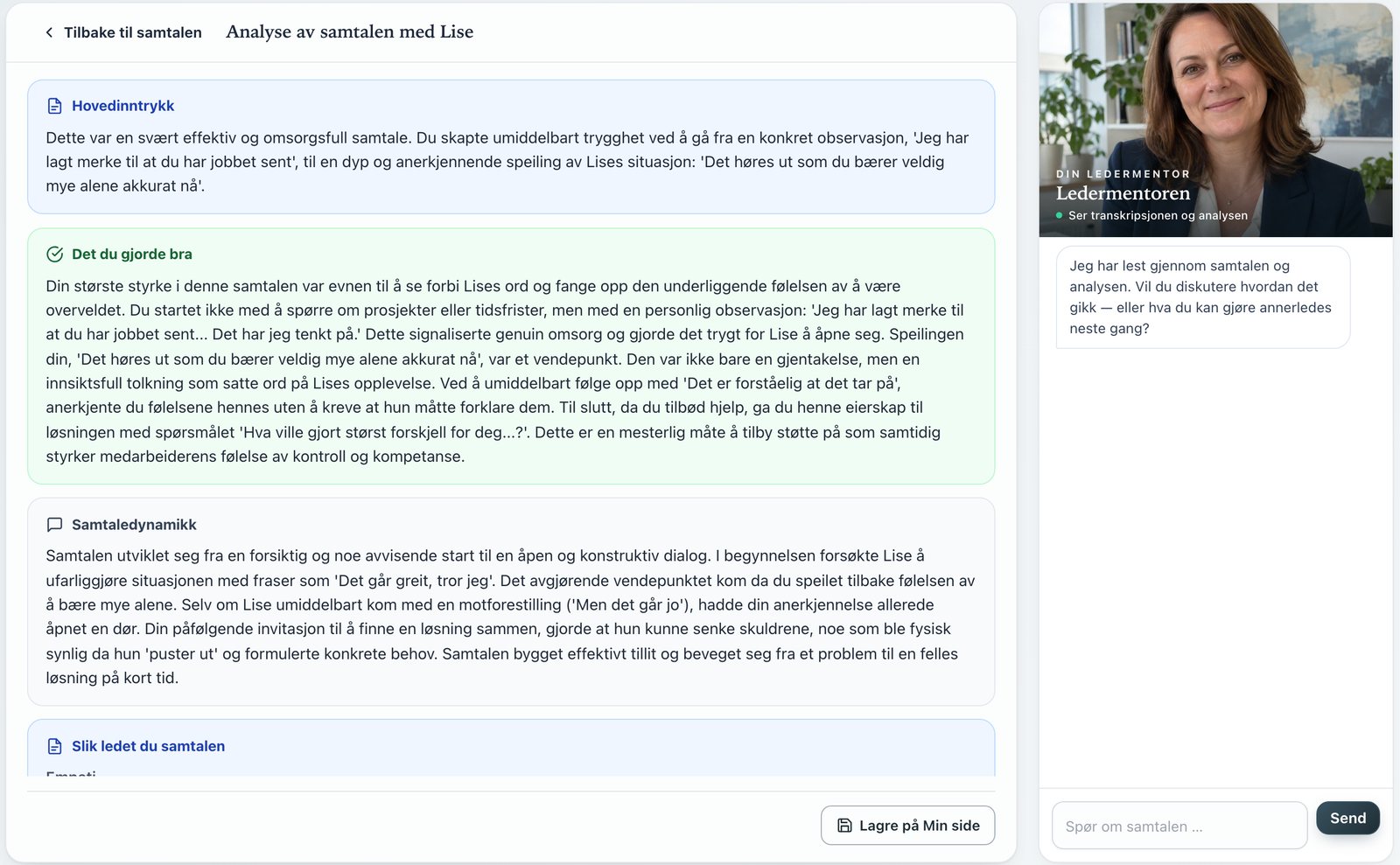 Lederlab, in Norwegian: analysis of the conversation with Lise, with the overall impression, what went well and the conversation dynamics, and the leadership mentor in the panel on the right