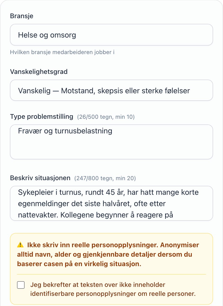 Lederlab, in Norwegian: the form “Practise your own situation”, filled in with a fictional example from health and social care