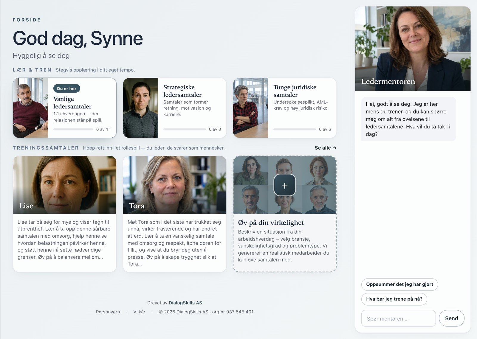 Lederlab, in Norwegian: the home page with the three levels (everyday, strategic and serious legal conversations), practice conversations with Lise and Tora, and the leadership mentor in a panel on the right