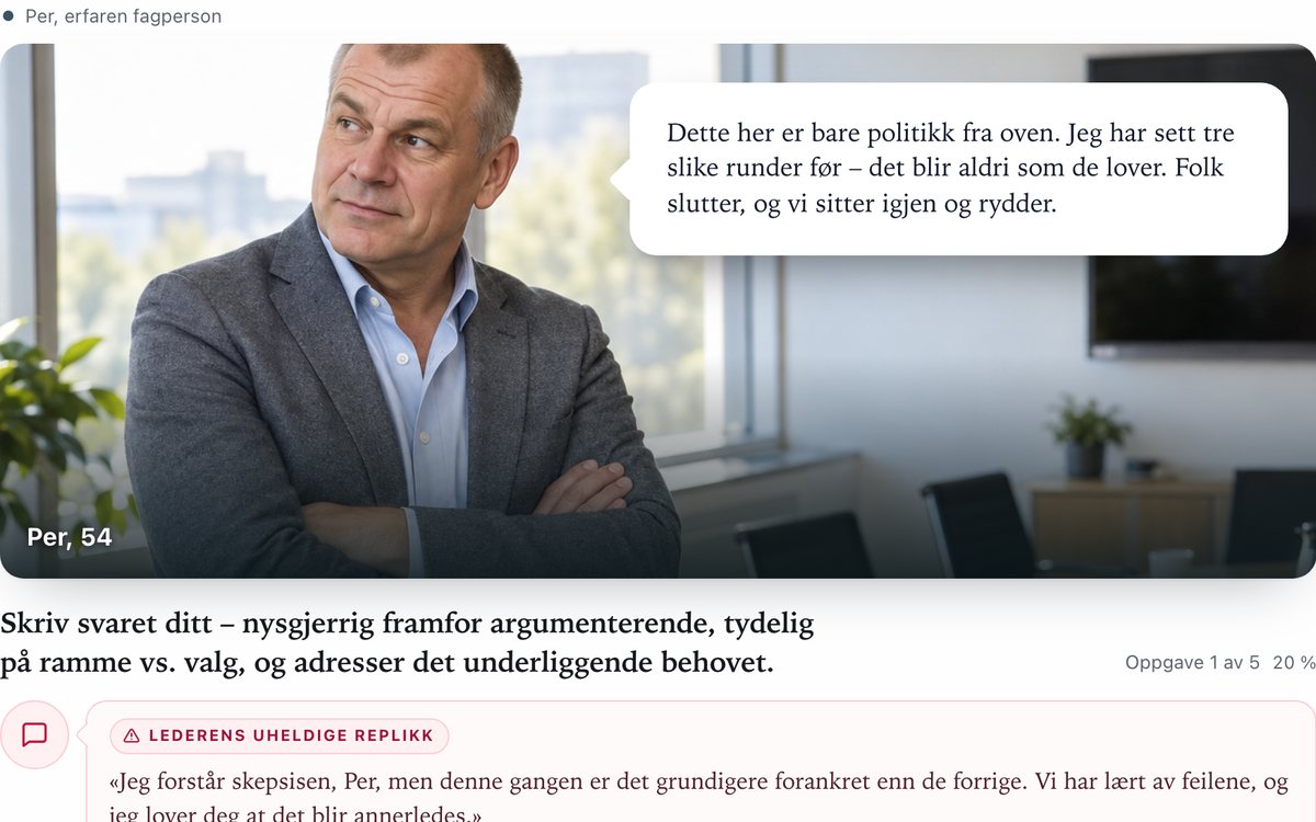 Lederlab, in Norwegian: a rewriting exercise in which Per says the change is just politics from above, and the manager rewrites an unhelpful line