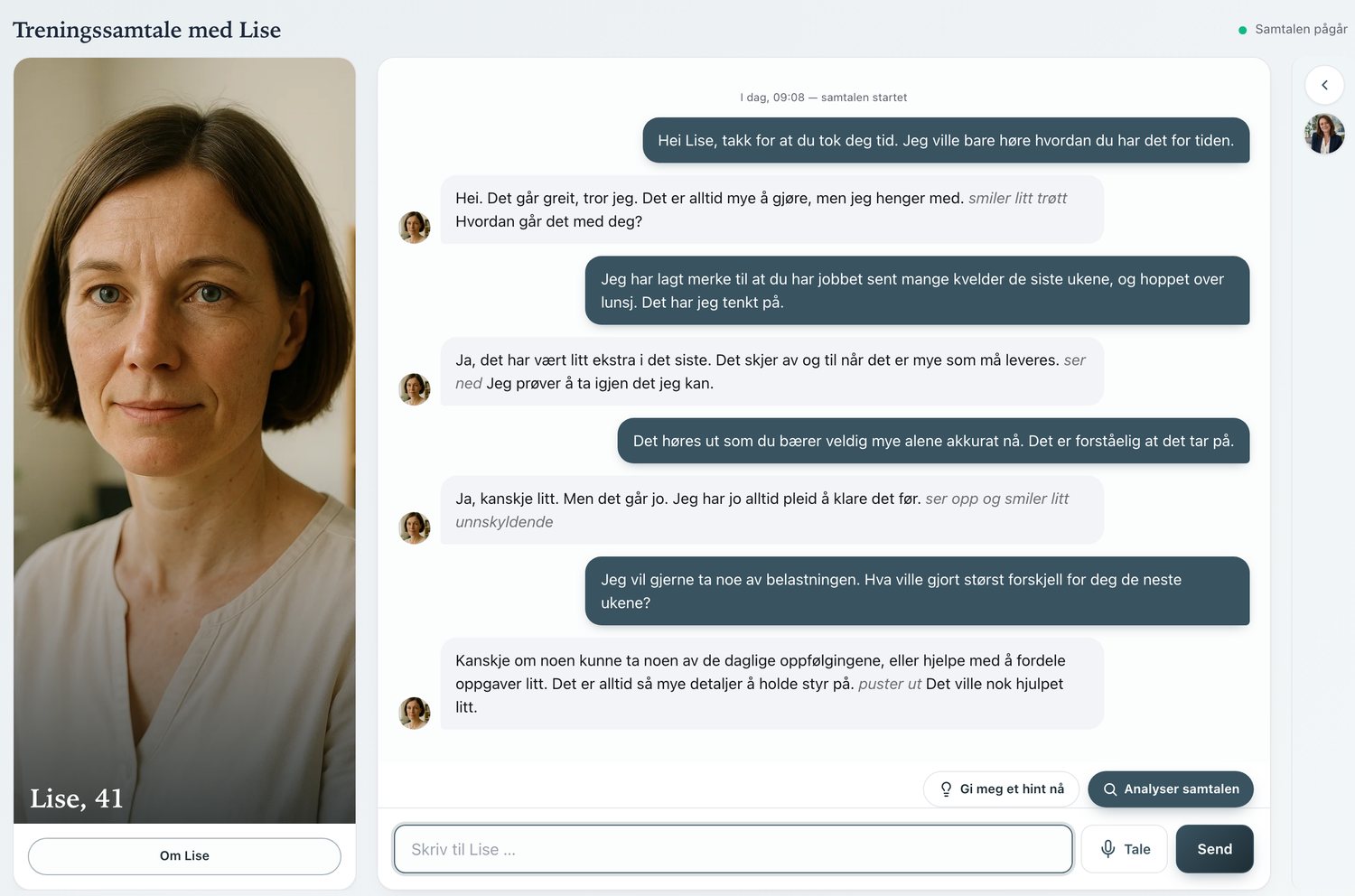 Lederlab, in Norwegian: a practice conversation with Lise, in which the manager says what she has noticed and Lise gradually says what would help