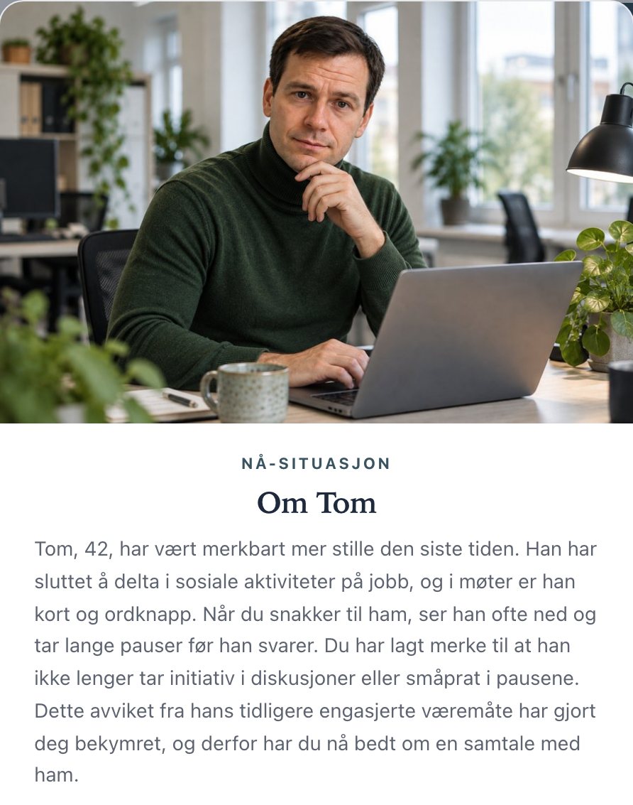 Lederlab, in Norwegian: the introduction to the conversation with Tom, with a picture of him at work and a description of what the manager has noticed
