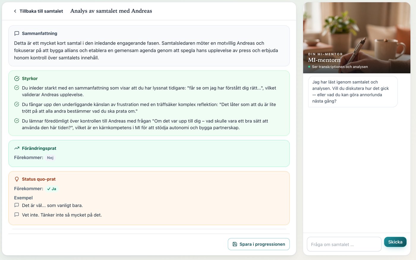 MI-lab: analys av samtalet med Andreas, med styrkor, förändringsprat och MI-mentorn