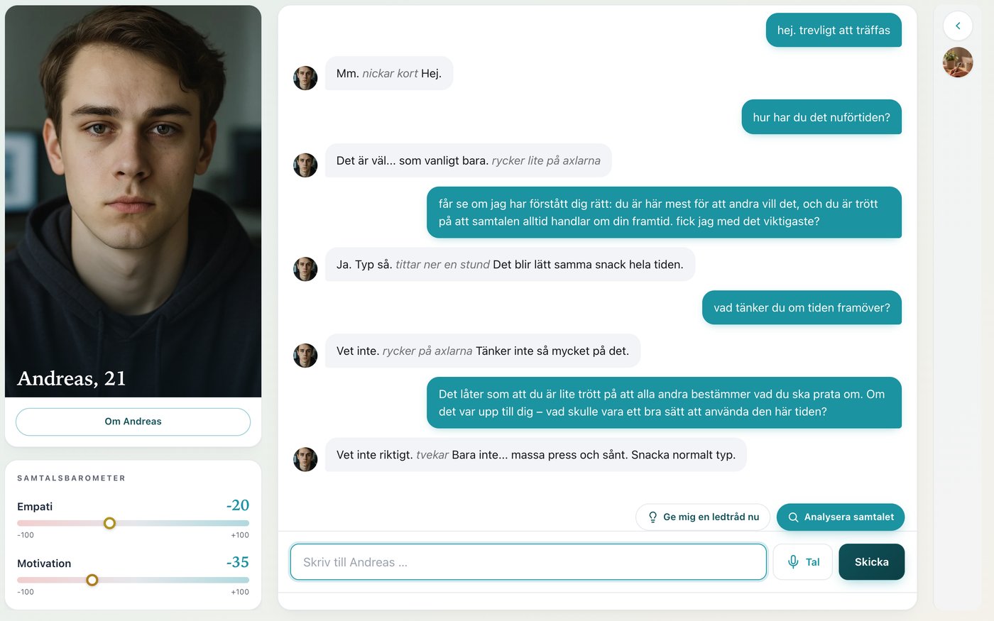 MI-lab: ett övningssamtal med AI-klienten Andreas, 21, med en samtalsbarometer