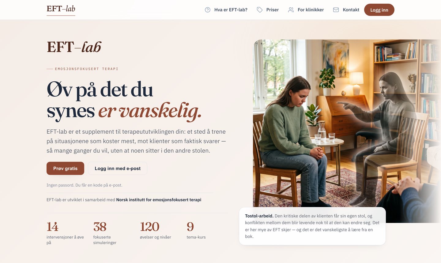 EFT-lab, på norska: startsidan med en illustration av stolsarbete