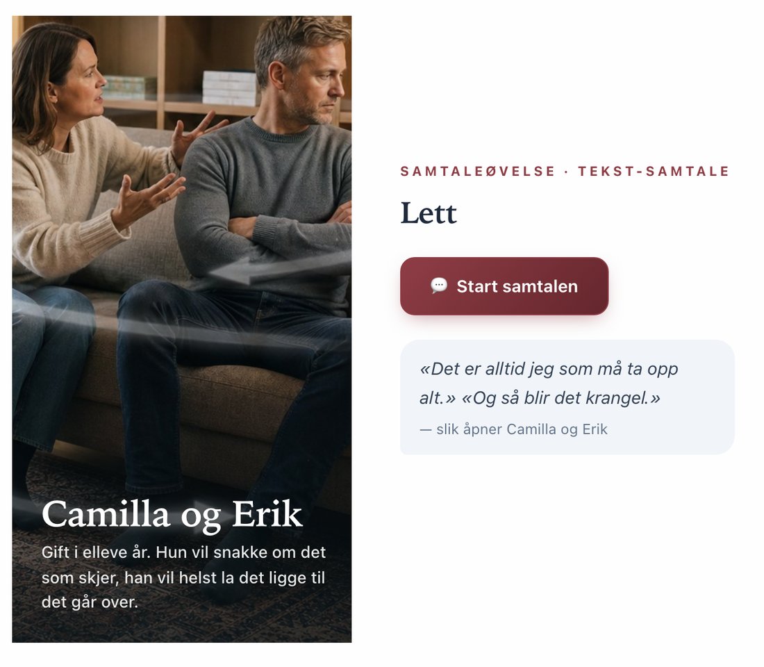 Exempel, på norska: en fokuserad simulering i ett labb för parterapi med Camilla och Erik