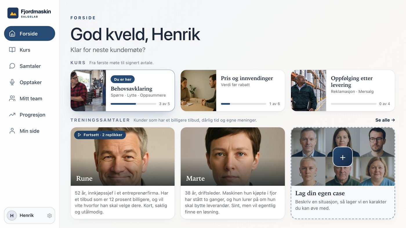 Fictional example, in Norwegian: the home page of a sales lab for a made-up company, with courses, customers to practise with and its own logo