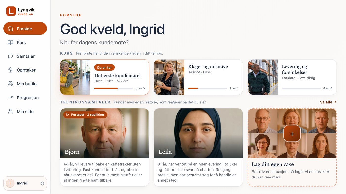 Fiktivt exempel, på norska: Lyngvik Kundelab för en påhittad butikskedja, med egen logotyp, egna färger, kundkurser och kunder att öva med