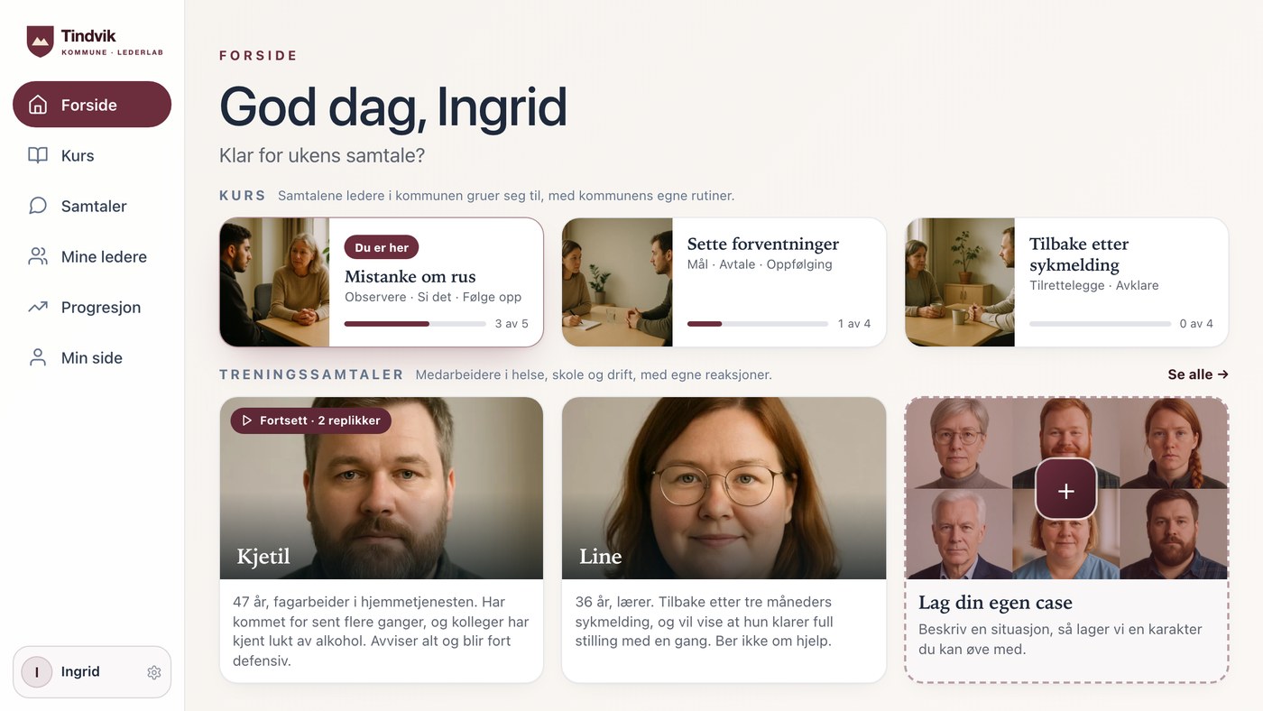 Fictional example, in Norwegian: the home page of a leadership lab for a made-up municipality, with its own logo and colour, courses on substance misuse, expectations and sickness absence, and employees to practise with