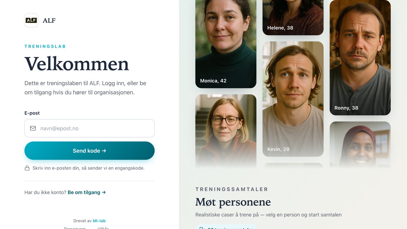 MI-lab med ALF:s grafiska profil, på norska: en egen inloggningssida med ALF:s logotyp och klienterna