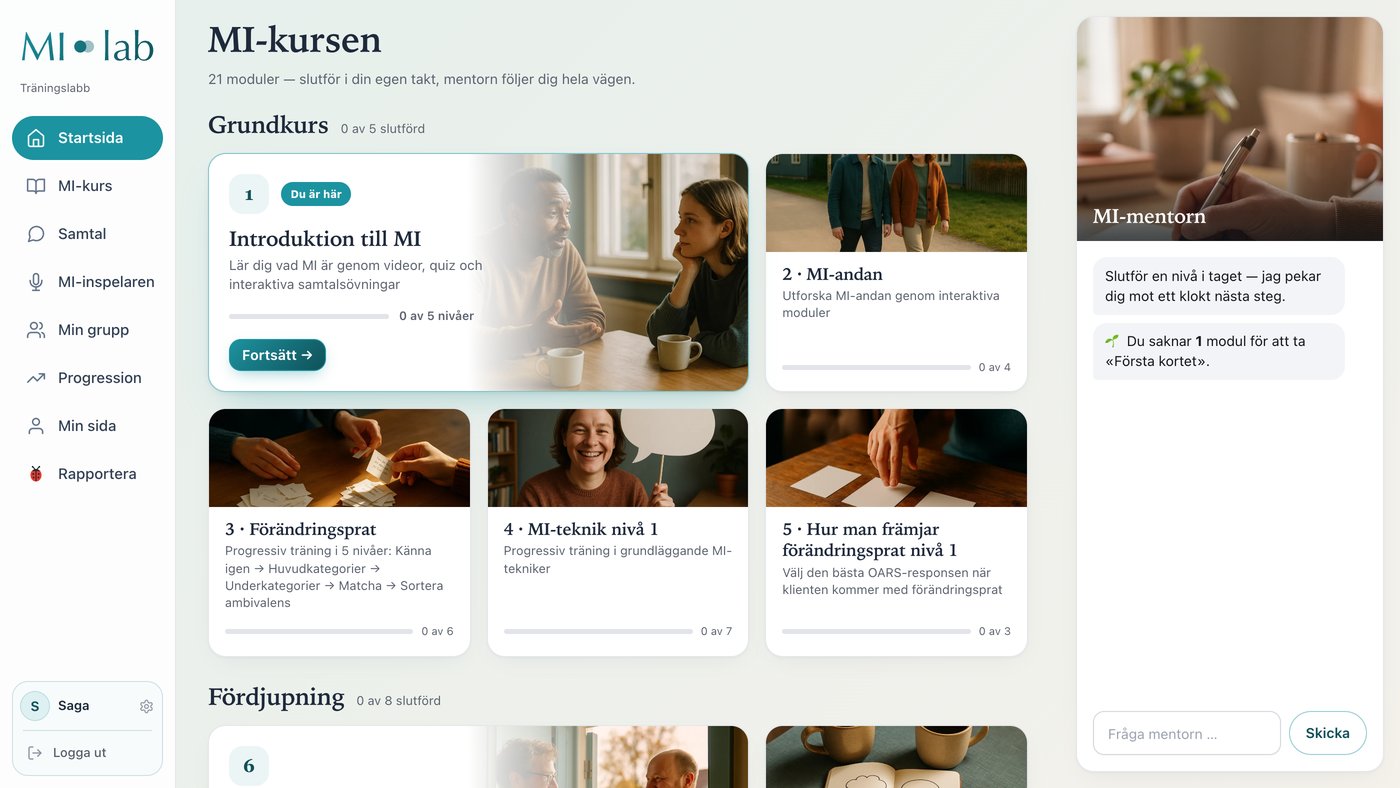 MI-lab: startsidan med kurser på tre nivåer, övningssamtal och MI-mentorn
